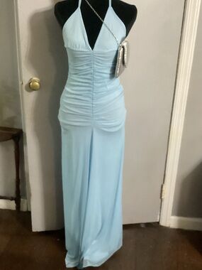 PrettyLittleThing Sky Blue Ruched Halter Maxi Dress